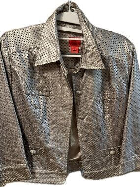 Christina Metallic Perforated Silver Shirt Jacket 80s Disco Queen Punk